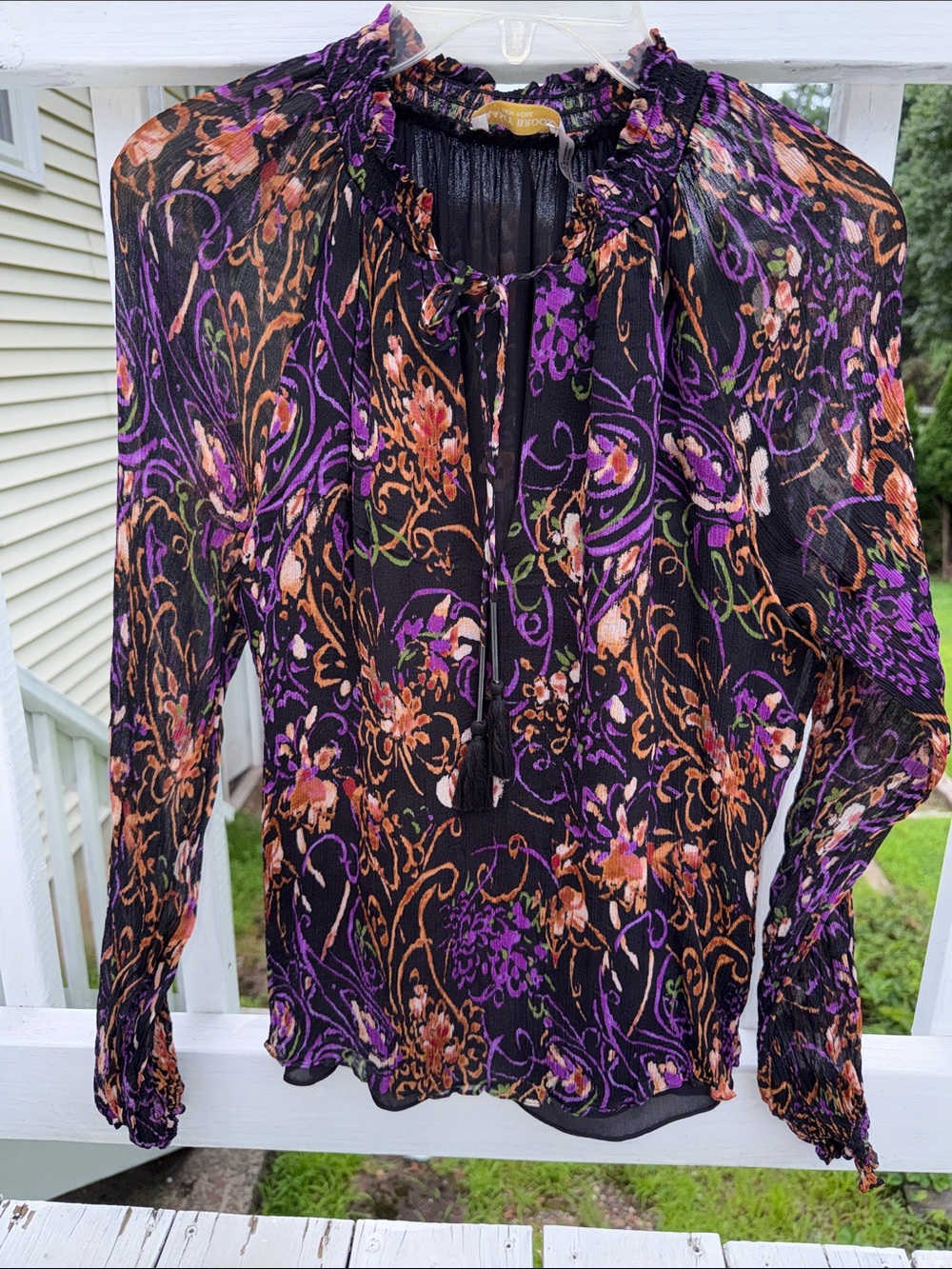 Ramy Brook Black Tie-Neck Blouse w sheer arms with Purple & Orange Floral size S